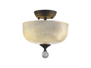 Amara 2 Light Semi Flush Ceiling E27 With Round 26.5cm Prismatic Effect Glass Shade Graphite/Clear