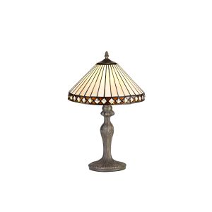 Te 1 Light Curved Table Lamp E27 With 30cm Tiffany Shade, Amber/Cmozarella/Crystal/Aged Antique Brass