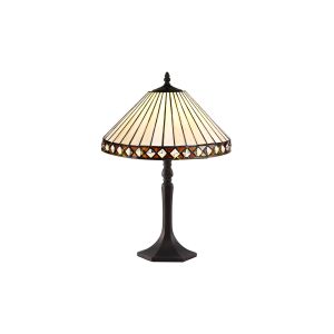 Te 1 Light Octagonal Table Lamp E27 With 30cm Tiffany Shade, Amber/Cmozarella/Crystal/Aged Antique Brass