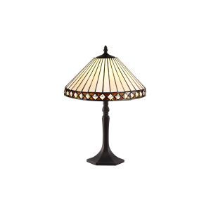 Te 1 Light Octagonal Table Lamp E27 With 30cm Tiffany Shade, Amber/Cream/Crystal/Aged Antique Brass