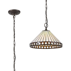 Te 30.5cm 1 Light Downlighter Pendant E27 With 30cm Tiffany Shade, Amber/Cream/Crystal/Aged Antique Brass
