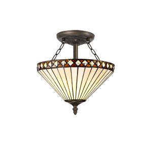 Te 2 Light Semi Flush E27 With 30cm Tiffany Shade, Amber/Cmozarella/Crystal/Aged Antique Brass