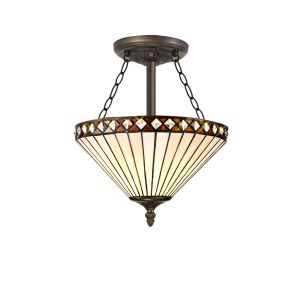 Te 30.5cm 3 Light Semi Flush E27 With 30cm Tiffany Shade, Amber/Cream/Crystal/Aged Antique Brass