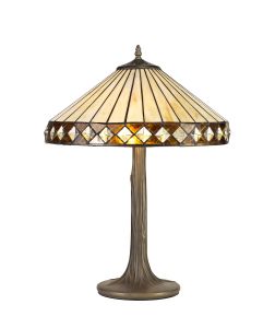 Te 2 Light Tree Like Table Lamp E27 With 40cm Tiffany Shade, Amber/Cream/Crystal/Aged Antique Brass