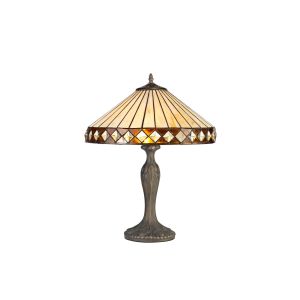 Te 2 Light Curved Table Lamp E27 With 40cm Tiffany Shade, Amber/Cream/Crystal/Aged Antique Brass