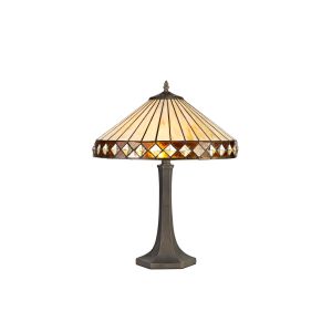 Te 2 Light Octagonal Table Lamp E27 With 40cm Tiffany Shade, Amber/Cmozarella/Crystal/Aged Antique Brass