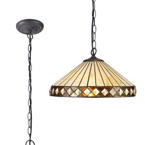 Te 41cm 1 Light Downlighter Pendant E27 With 40cm Tiffany Shade, Amber/Cream/Crystal/Aged Antique Brass