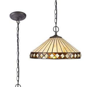 Te 41cm 2 Light Downlighter Pendant E27 With 40cm Tiffany Shade, Amber/Cream/Crystal/Aged Antique Brass