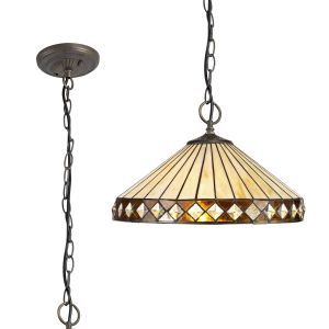 Te 41cm 3 Light Downlighter Pendant E27 With 40cm Tiffany Shade, Amber/Cream/Crystal/Aged Antique Brass