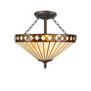 Te 41cm 3 Light Semi Flush E27 With 40cm Tiffany Shade, Amber/Cream/Crystal/Aged Antique Brass