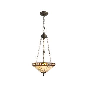 Te 41cm 3 Light Uplighter Pendant E27 With 40cm Tiffany Shade, Amber/Cream/Crystal/Aged Antique Brass
