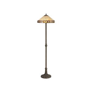 Te 2 Light Leaf Design Floor Lamp E27 With 40cm Tiffany Shade, Amber/Cream/Crystal/Aged Antique Brass