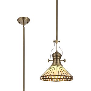 Te 1 Light Pendant E27 With 30cm Tiffany Shade, Antique Brass/Amber/Cmozarella/Crystal