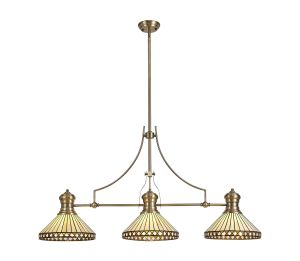Te 3 Light Linear Pendant E27 With 30cm Tiffany Shade, Antique Brass, Amber, Cream, Crystal