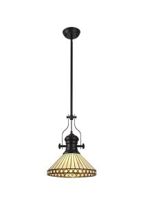 Te 30.5cm 1 Light Pendant E27 With 30cm Tiffany Shade, Matt Black/Amber/Cream/Crystal
