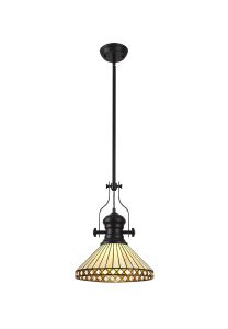 Te 1 Light Pendant E27 With 30cm Tiffany Shade, Matt Black/Amber/Cmozarella/Crystal