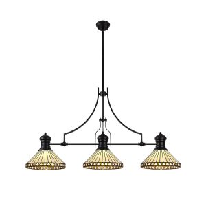 Te 3 Light Linear Pendant E27 With 30cm Tiffany Shade, Matt Black, Amber, Cream, Crystal