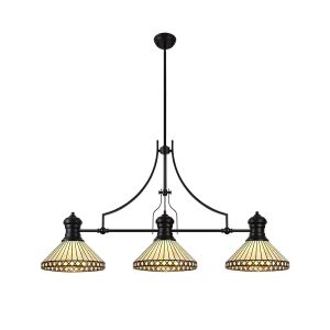 Te 3 Light Linear Pendant E27 With 30cm Tiffany Shade, Matt Black, Amber, Cmozarella, Crystal