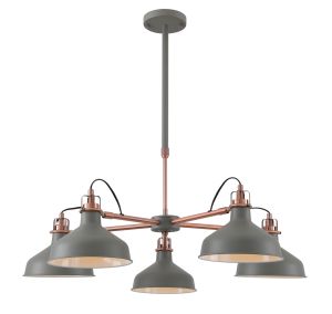 Tourish 94cm Telescopic Pendant/Semi Ceiling 5 Light, 5 x E27, Sand Grey/Copper/White