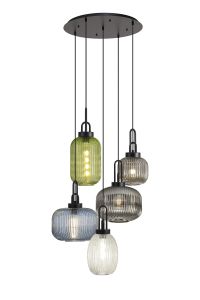 Urasawa 70cm 2.5m 5 Light Round With Multiple Shades & Colours, 5 x E27, Matt Black/Smoked/Petrol Blue/Champagne/Green