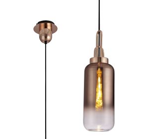 Urasawa 1 Light Pendant E27 With 16cm Cylinder Glass, Copper/Matt Black/Clear