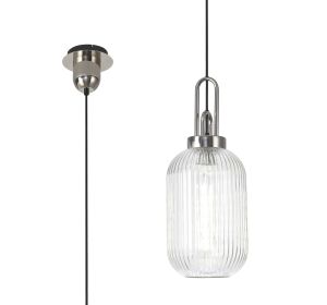 Urasawa 1 Light Pendant E27 With 20cm Tubular Ribbed Glass, Clear Polished Nickel/Matt Black