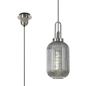 Urasawa 1 Light Pendant E27 With 20cm Tubular Ribbed Glass, Smoked Polished Nickel/Matt Black