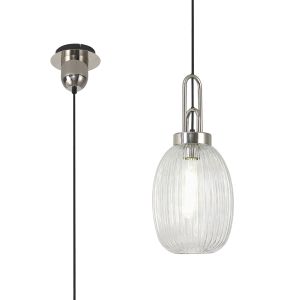 Urasawa 1 Light Pendant E27 With 20cm Almond Ribbed Glass, Clear Polished Nickel/Matt Black