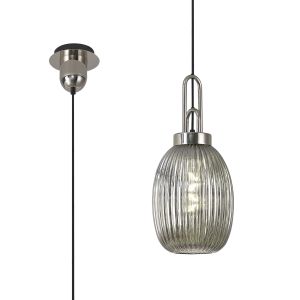 Urasawa 1 Light Pendant E27 With 20cm Almond Ribbed Glass, Smoked Polished Nickel/Matt Black