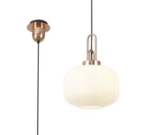 Urasawa 1 Light Pendant E27 With 30cm Pumpkin Shaped Ribbed Glass, Opal Copper/Matt Black