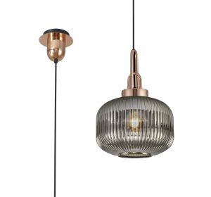 Urasawa 1 Light Pendant E27 With 30cm Pumpkin Shaped Ribbed Glass, Smoked Copper/Matt Black