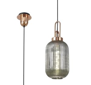 Urasawa 1 Light Pendant E27 With 20cm Tubular Ribbed Glass, Smoked Copper/Matt Black