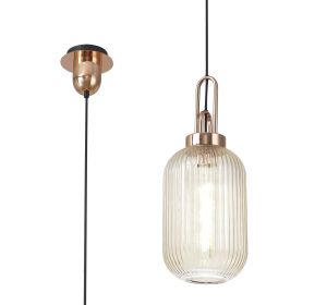 Urasawa 1 Light Pendant E27 With 20cm Tubular Ribbed Glass, Champagne Copper/Matt Black