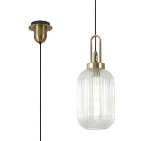 Urasawa 1 Light Pendant E27 With 20cm Tubular Ribbed Glass, Clear Brass Gold/Matt Black