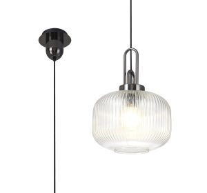 Urasawa 1 Light Pendant E27 With 30cm Pumpkin Shaped Ribbed Glass, Clear Black Chrome/Matt Black