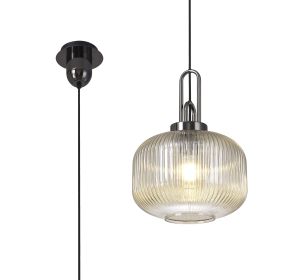 Urasawa 1 Light Pendant E27 With 30cm Pumpkin Shaped Ribbed Glass, Champagne Black Chrome/Matt Black