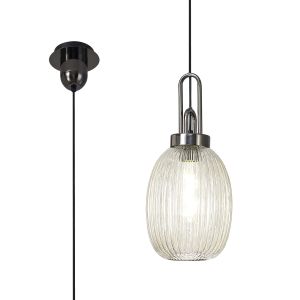 Urasawa 1 Light Pendant E27 With 20cm Almond Ribbed Glass, Champagne Black Chrome/Matt Black