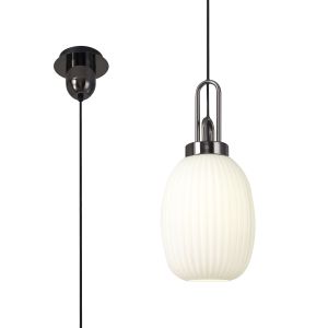 Urasawa 1 Light Pendant E27 With 20cm Almond Ribbed Glass, Opal Black Chrome/Matt Black