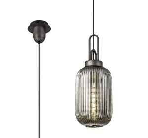 Urasawa 1 Light Pendant E27 20cm Tubular Ribbed Glass, Smoked Black/Aged Pewter