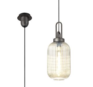 Urasawa 1 Light Pendant E27 20cm Tubular Ribbed Glass, Champagne Black/Aged Pewter