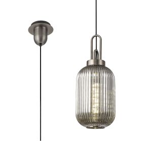 Urasawa 1 Light Pendant E27 20cm Tubular Ribbed Glass, Smoked Antique Silver/Black