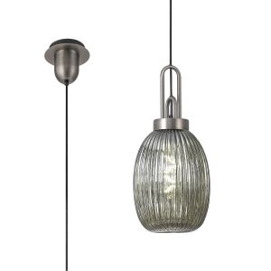 Urasawa 1 Light Pendant E27 20cm Almond Ribbed Glass, Smoked Antique Silver/Black