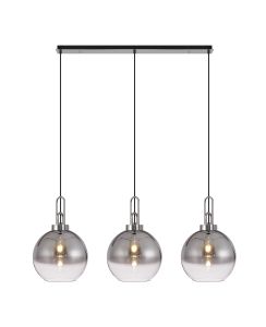 Urasawa Linear 3 Light Pendant E27 With 30cm Globe Glass, Smoked/Clear Polished Nickel/Matt Black