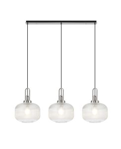 Urasawa Linear 3 Light Pendant E27, Polished Nickel/Matt Black With 30cm Pumpkin Shaped Ribbed Clear Glass