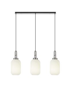 Urasawa Linear 3 Light Pendant E27 With 20cm Tubular Ribbed Glass, Opal Polished Nickel/Matt Black