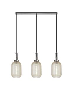 Urasawa Linear 3 Light Pendant E27 With 20cm Tubular Ribbed Glass, Champagne Polished Nickel/Matt Black