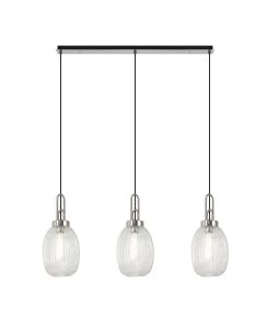 Urasawa Linear 3 Light Pendant E27 With 20cm Almond Ribbed Glass, Clear Polished Nickel/Matt Black