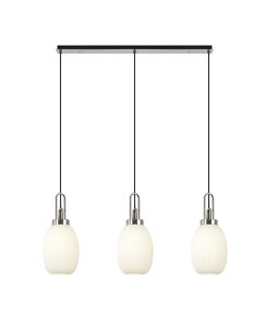 Urasawa Linear 3 Light Pendant E27 With 20cm Almond Ribbed Glass, Opal Polished Nickel/Matt Black