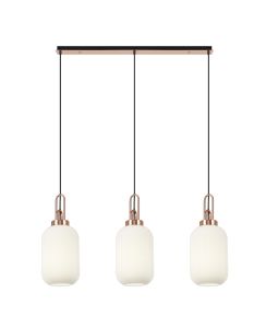 Urasawa Linear 3 Light Pendant E27 With 20cm Tubular Ribbed Glass, Opal Copper/Matt Black