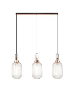 Urasawa Linear 3 Light Pendant E27 With 20cm Tubular Ribbed Glass, Clear Copper/Matt Black